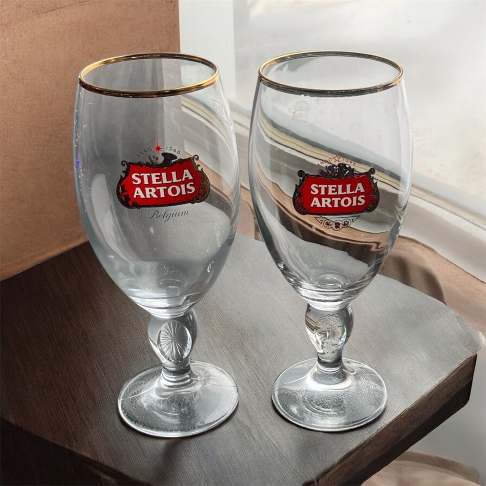 Stella Artois Belgium Long Stem Beer Glasses Set of 2 Gold Rim Etch Stem Classic
